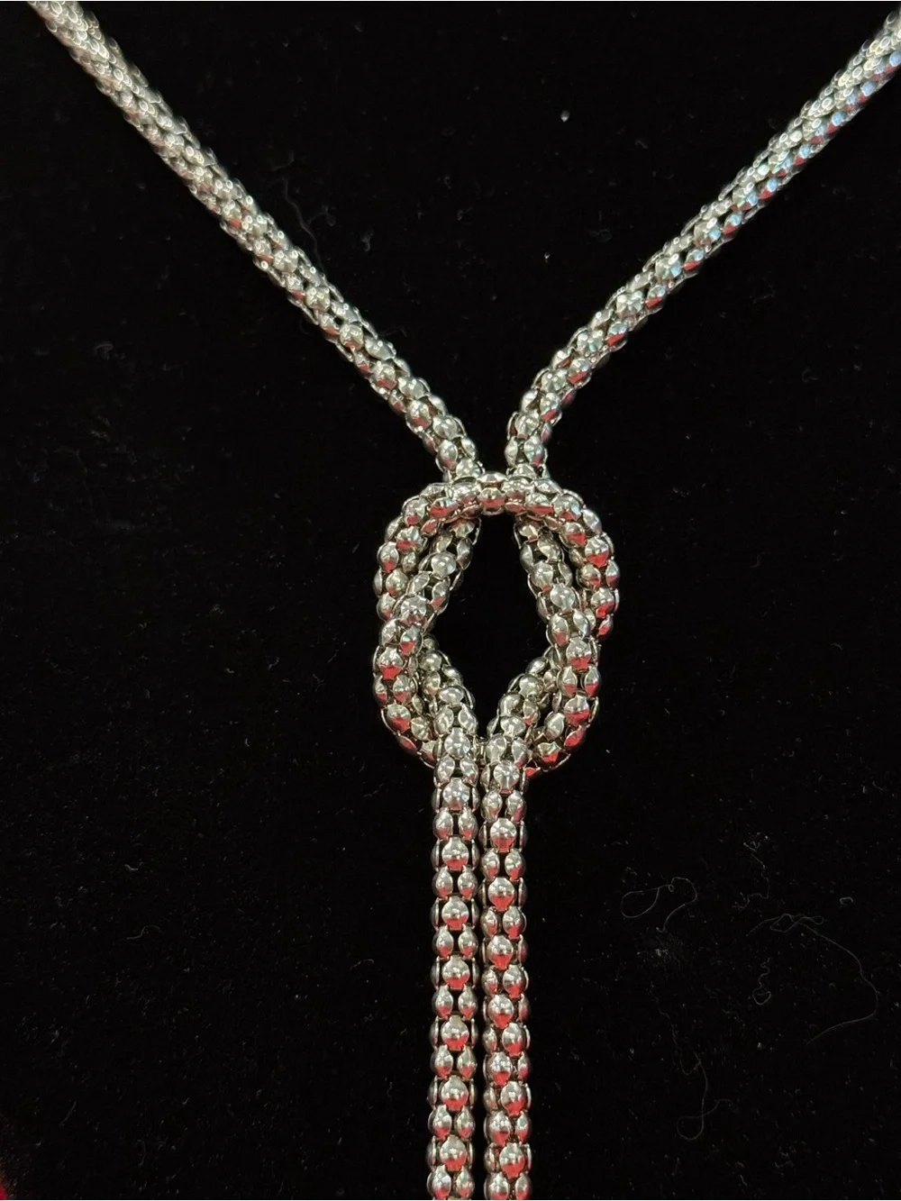 Silver-Tone Mesh Tie Knot Lariat Necklace Tassel Drop Adjust Chain